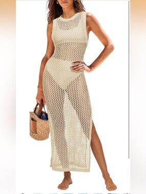 Women’s Large Cream Crochet Beach Cover-Up Maxi Dress - Anrabess